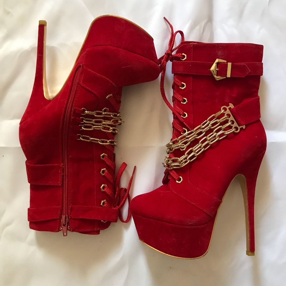 Red Velvet Lace Up Gold Chain Stiletto Boots